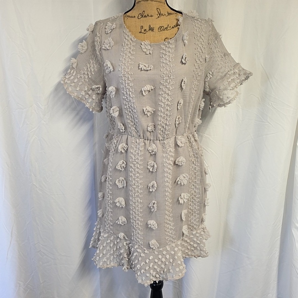 NWT &Merci Womens sz M Dress Gray Swiss Dot Ruffle Short Sleeve Romantic Femine